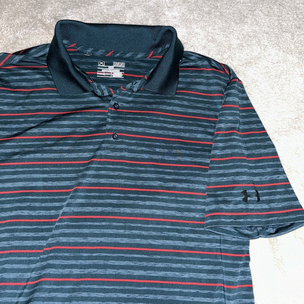 Under Armour Men's Heat Gear Golf Polo , Teal Stripe, Sz Medium
